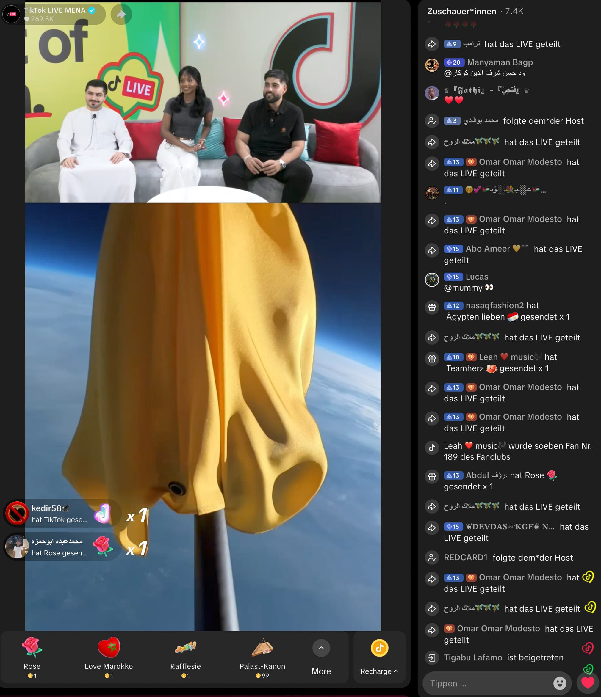 TikTok LIVE MENA Livestream mit Live-Chat TikTok-LIVE-MENA-Livestream: Moderatoren im Studio und Live-Chat, während der Wetterballon den Rand des Weltalls erreicht